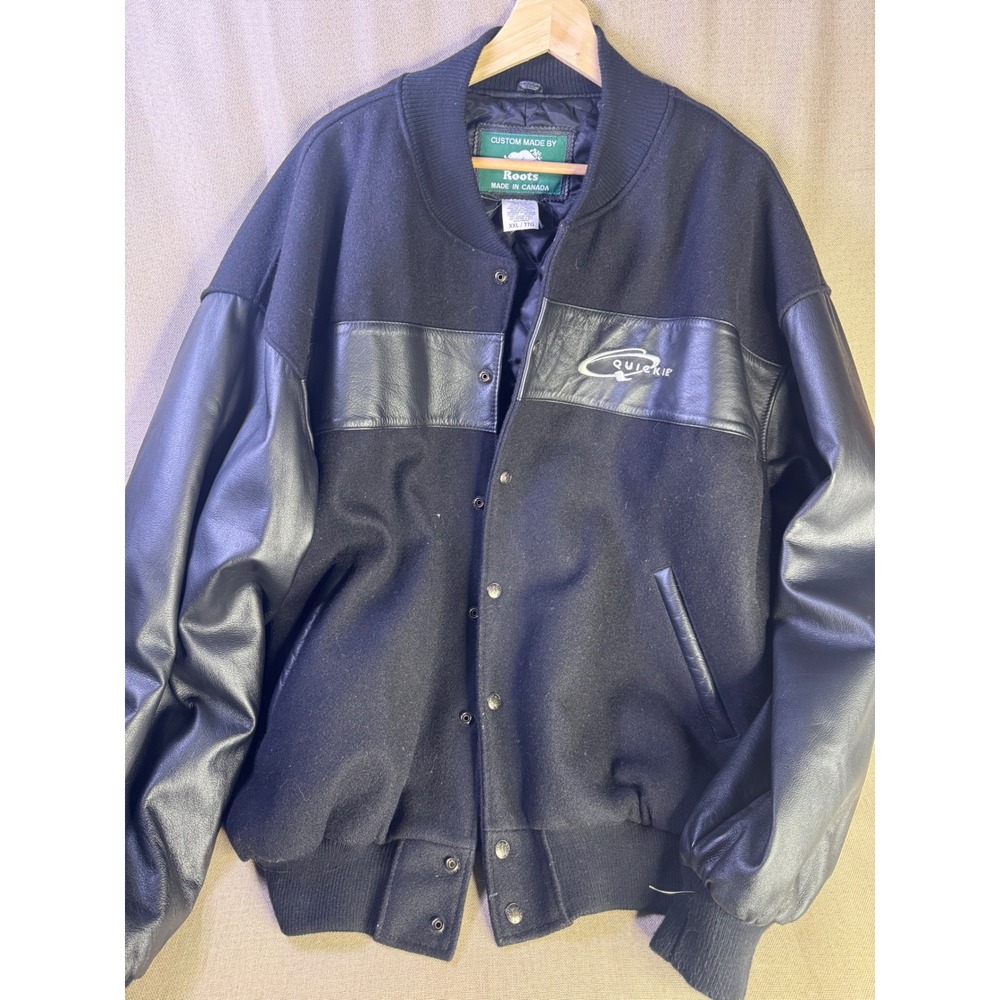 Roots Vintage Wool Leather Varsity Jacket Mens XXL Black Quickie Made in Canada
